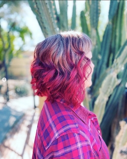 A fun red grey blending ombré with crimson dip dyed ends, by Naomi Meadowcroft