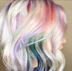 Unicorn/rainbow hair coloring and styling by Naomi Meadowcroft