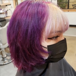 Amethyst purple, platinum bangs hair styling and coloration by Angela Swaim